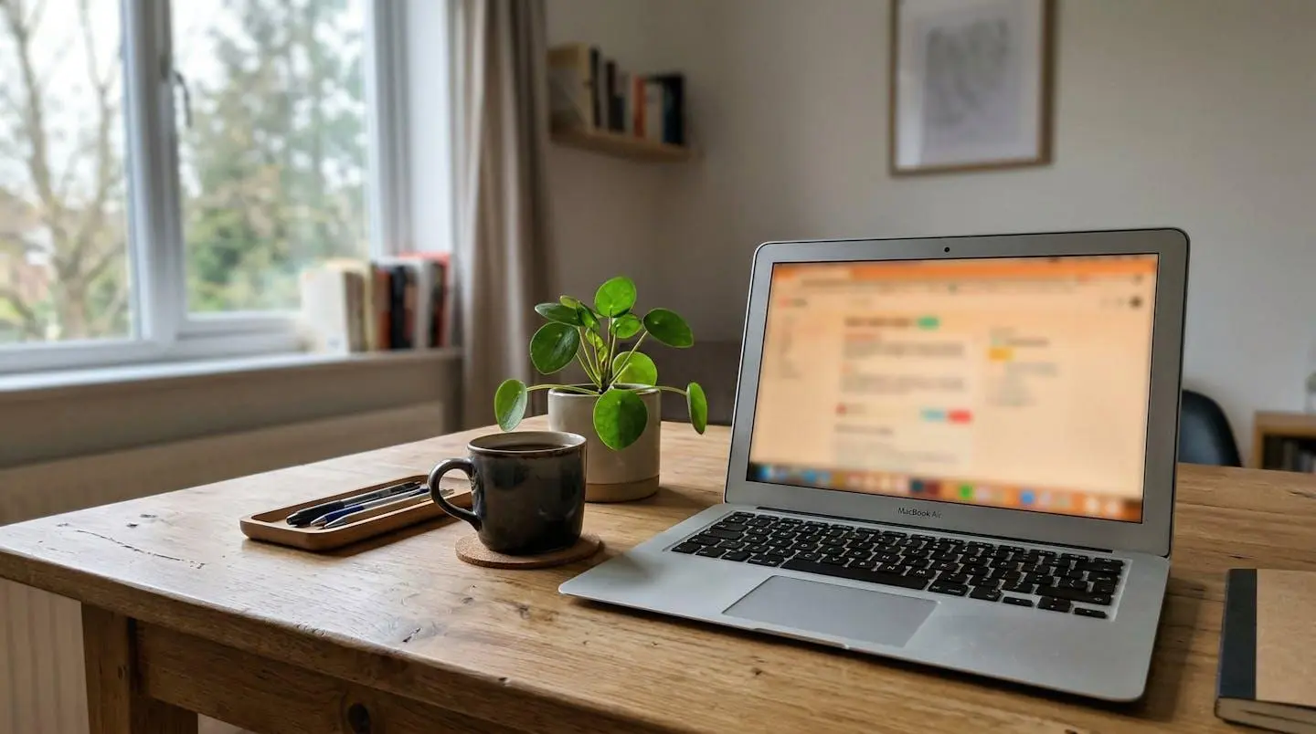 Un bureau épuré avec un ordinateur portable ouvert, une tasse de café et une plante verte dans une ambiance de travail à domicile moderne