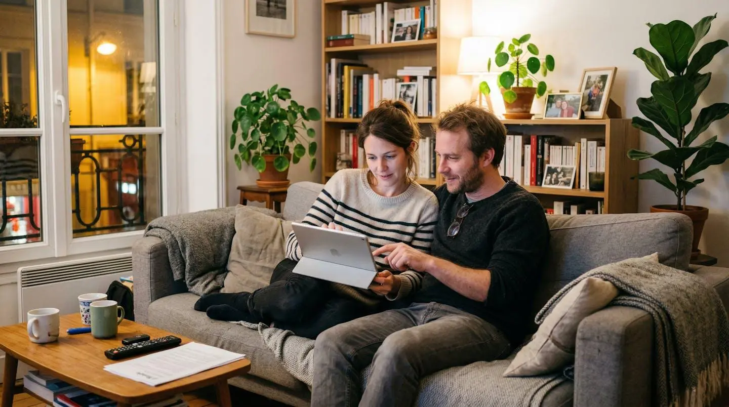 Un couple d'une trentaine d'années assis sur un canapé moderne consulte ensemble une tablette dans un salon lumineux