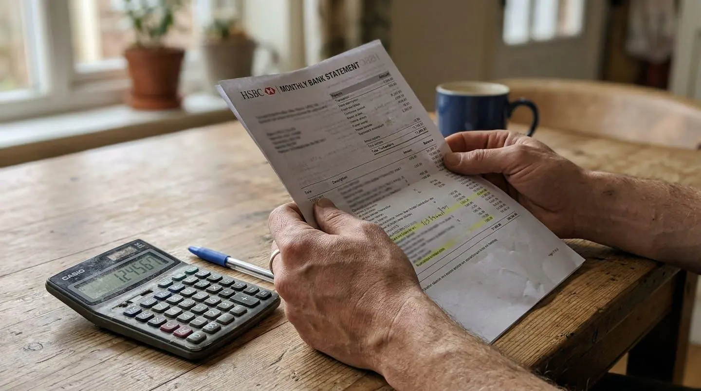 Des mains tiennent un relevé bancaire papier au-dessus d'une table en bois clair avec une calculatrice et un stylo