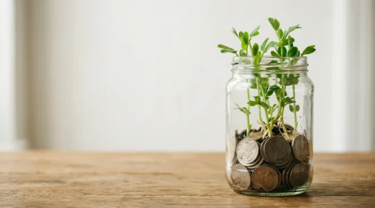 Photographie conceptuelle illustrant la sécurité financière et la croissance d'épargne, avec une esthétique éditoriale réaliste et naturelle