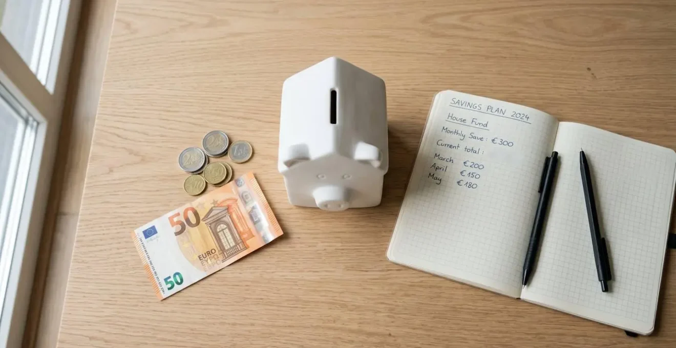 Tirelire en forme de maison avec pièces et billet, symbolisant l'épargne pour un apport immobilier.