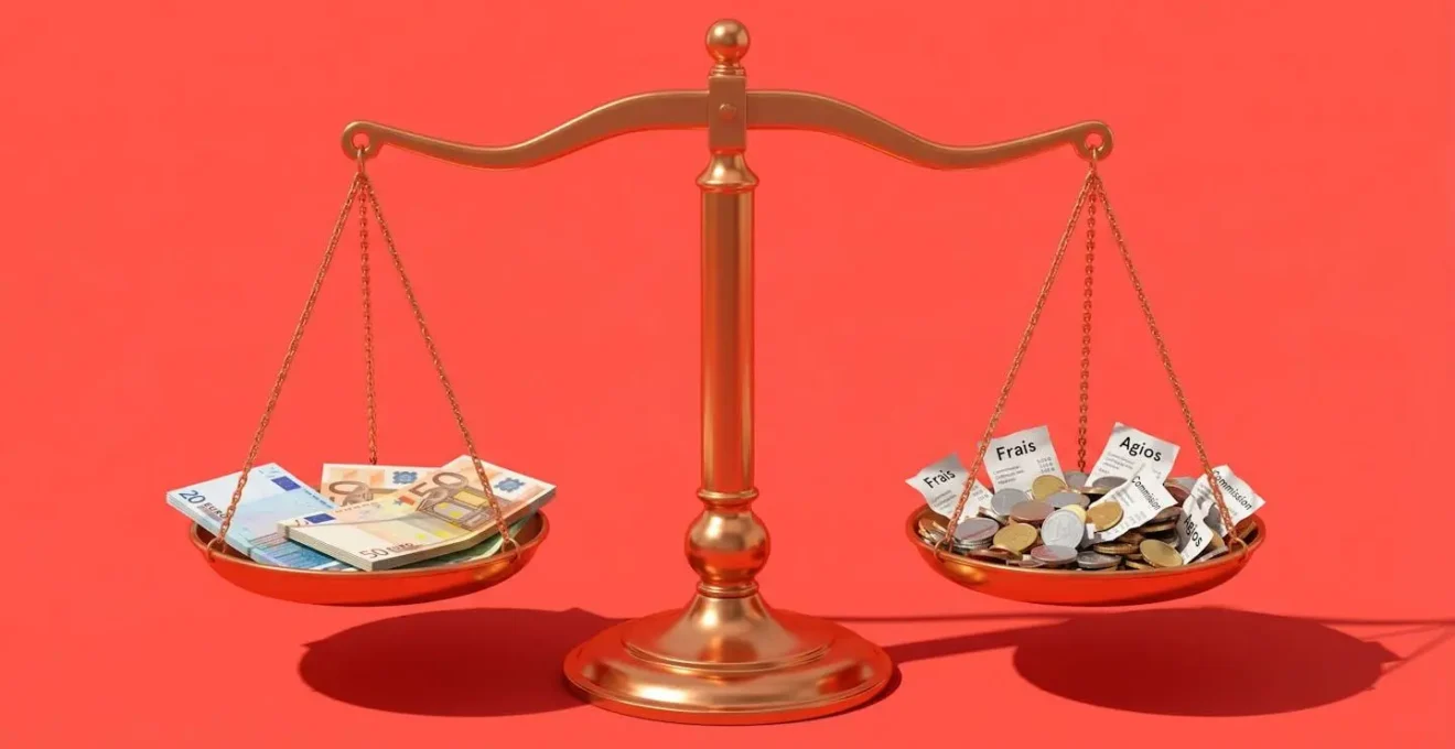 Balance à plateaux ancienne en cuivre sur fond coloré montrant un déséquilibre entre quelques billets euros d'un côté et de nombreuses pièces et papiers symbolisant les frais cachés de l'autre
