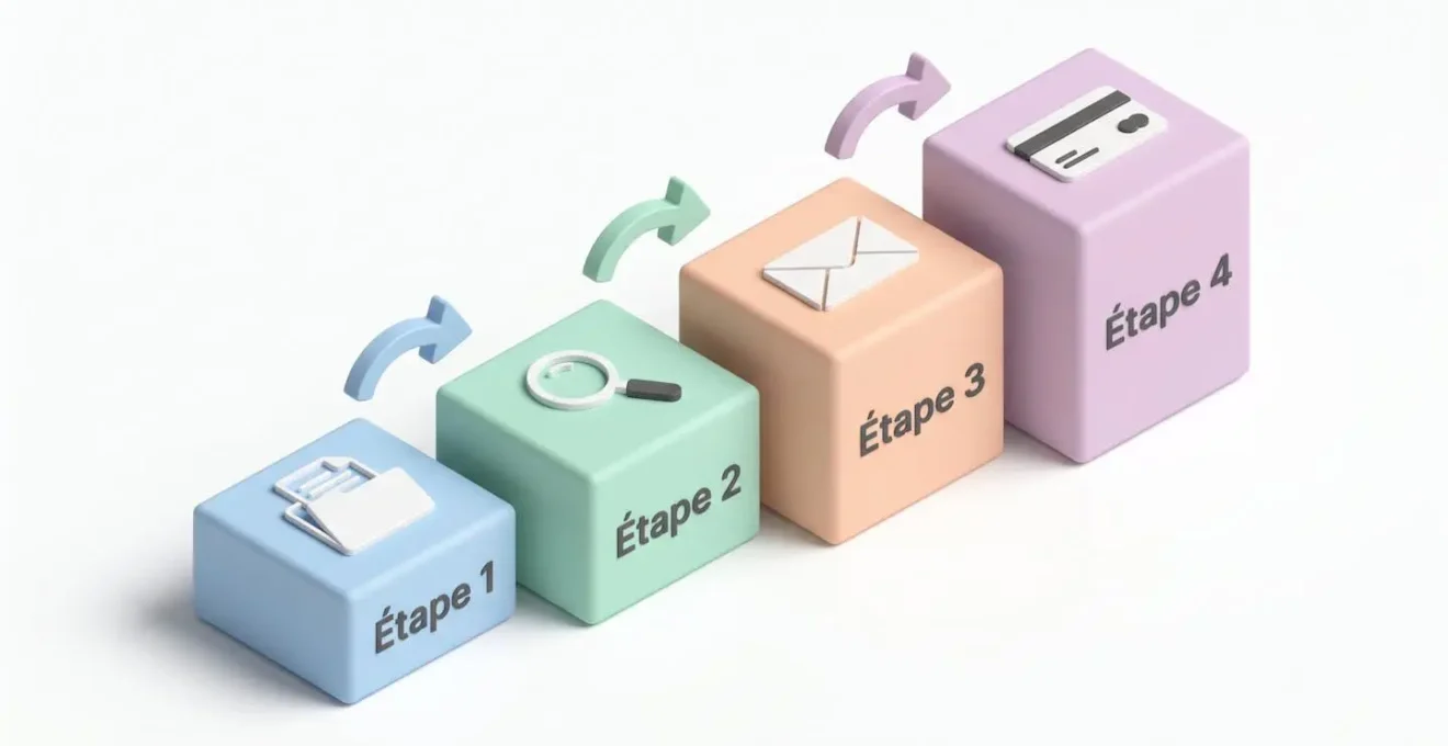 Illustration isométrique 3D montrant un parcours en 4 étapes avec blocs colorés ascendants reliés par des flèches, représentant le processus d'ouverture de compte bancaire