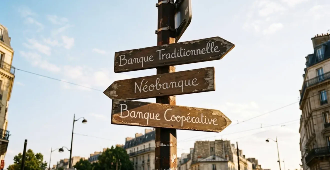 Panneaux directionnels en bois vintage sur un poteau urbain indiquant trois directions différentes avec inscriptions en français : Banque Traditionnelle, Néobanque, Banque Coopérative