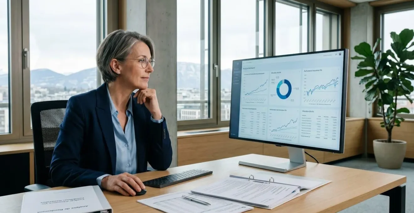 Conseiller financier analysant des données de performance d'assurance vie sur écran d'ordinateur dans un bureau contemporain