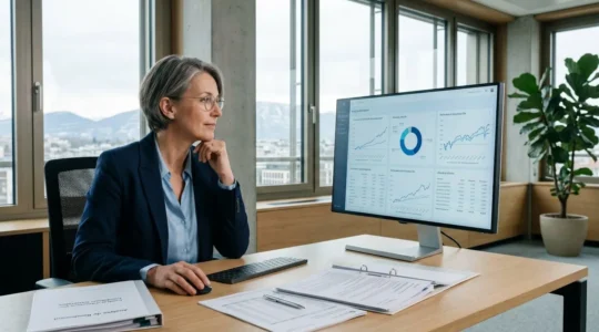 Conseiller financier analysant des données de performance d'assurance vie sur écran d'ordinateur dans un bureau contemporain