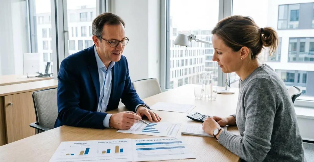Conseiller financier et client examinant des documents d'allocation patrimoniale sur une table de réunion