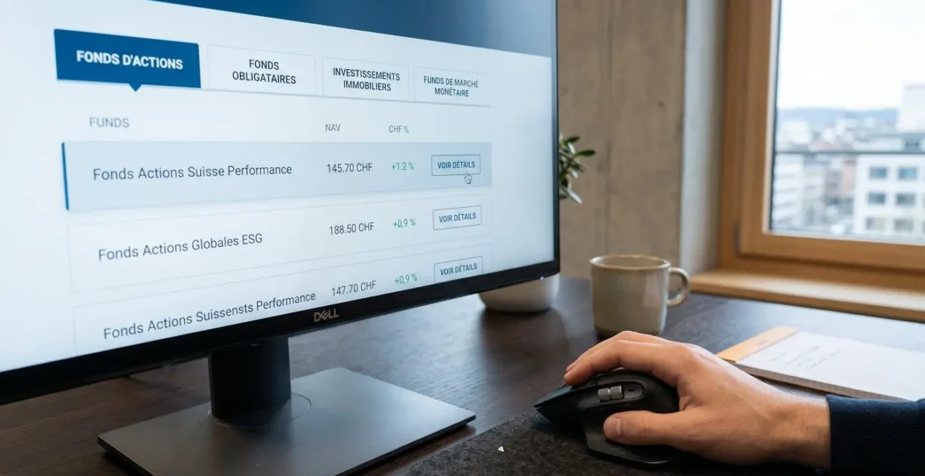 Interface de sélection de supports d'investissement affichée sur écran d'ordinateur avec main d'utilisateur naviguant