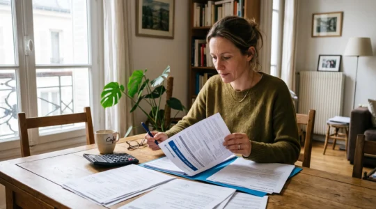 Une femme examine des documents d'assurance-vie avec un calculateur posés sur une table dans son salon.