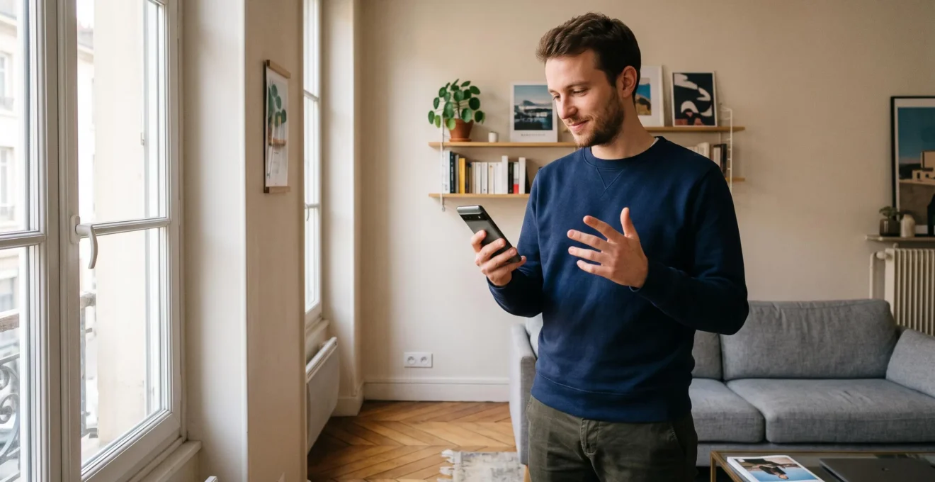 Young man standing at home checking automatic monthly investment transfer confirmation on smartphone in modern French apartment