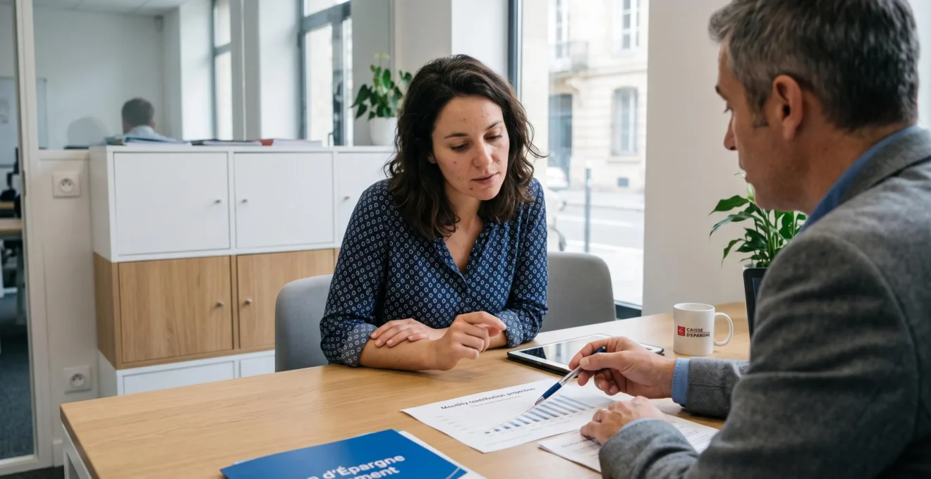 Woman in her early thirties meeting with financial advisor discussing monthly investment plan documents in modern French office