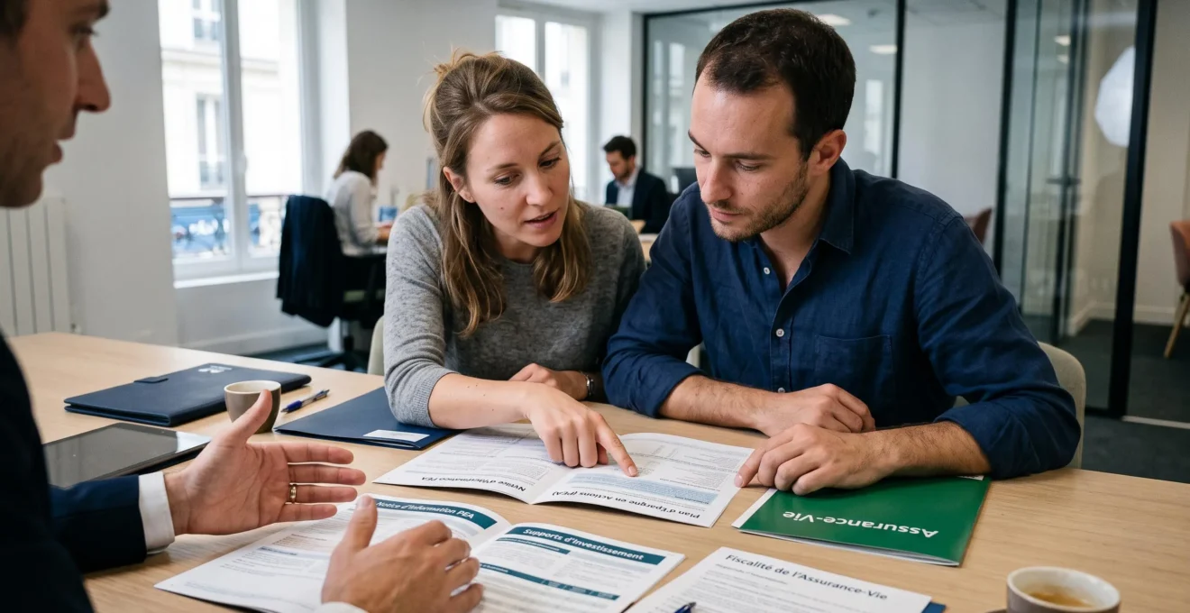 Young French couple examining and comparing different investment product documents with financial advisor during consultation meeting