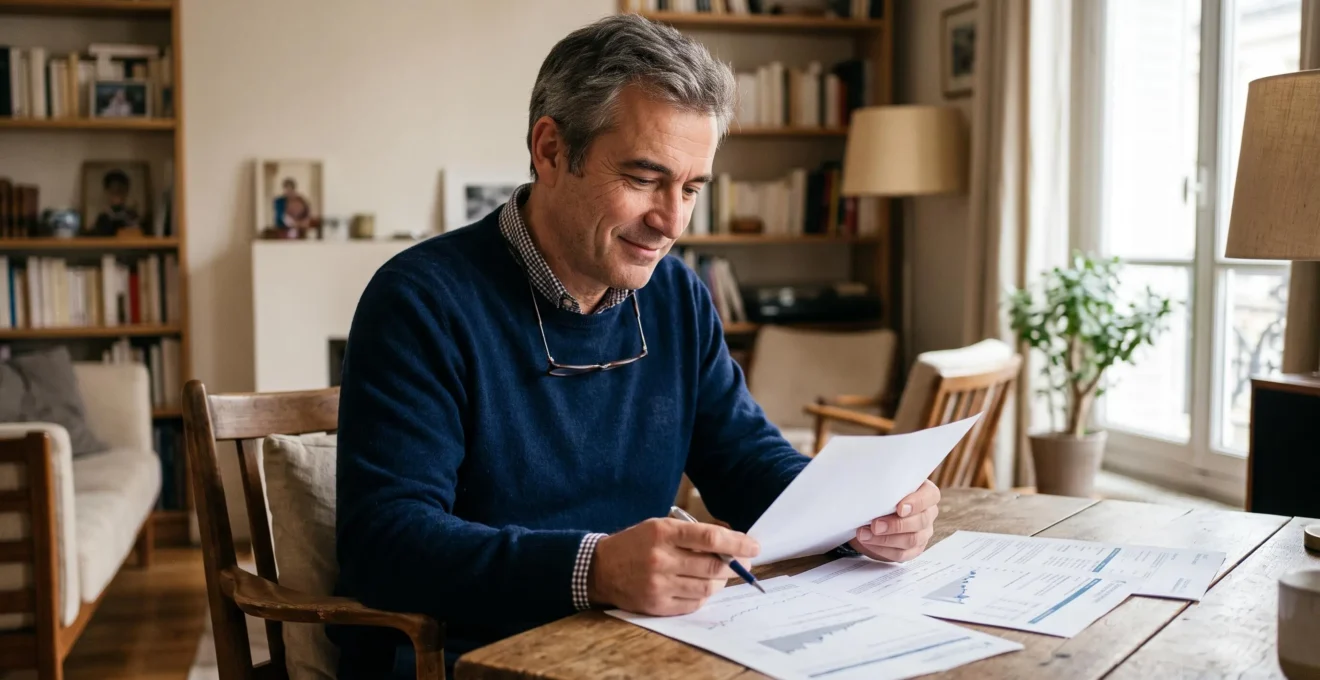 Man in his late forties reviewing investment performance documents at home in comfortable personal setting